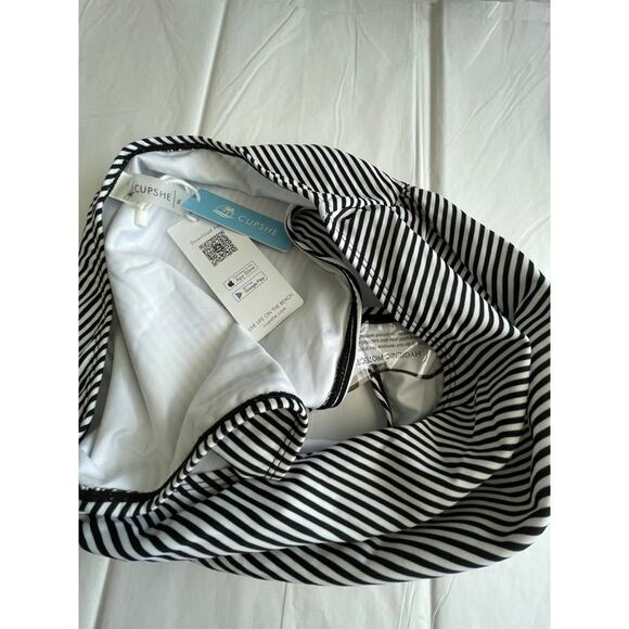Cupshe high waisted swim bottoms Black stripes ruched neutral lined Size XL. - Picture 3 of 5